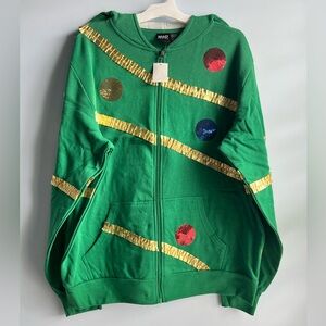 Mad Engine Christmas Tree Hoodie with Balls and Stars Green Zip-Up Jacket XL